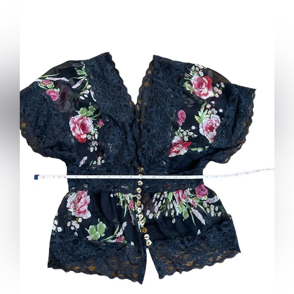 Vintage 90’s style sheer blouses floral & lace scarf retro fun navy green S Y2K - Picture 5 of 9